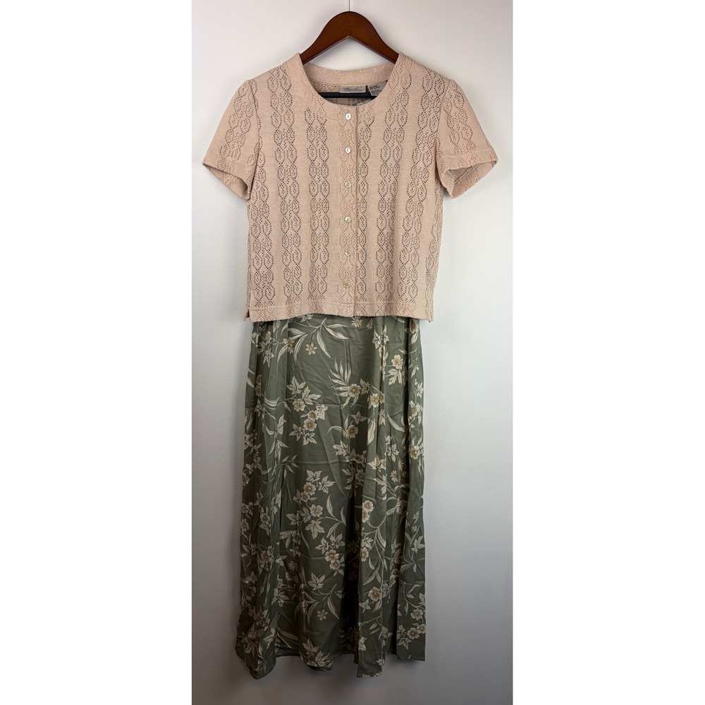 Vintage 90s Kathie Lee 2pc Dress Set 6 Green Floral Maxi Pointelle Cardigan